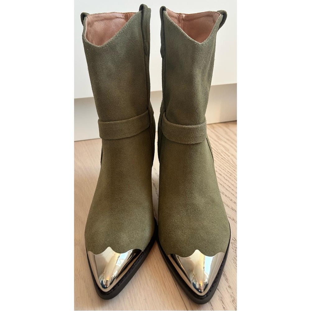 Olive Brown Khaki Suede Silver Metal Toe Mid Calf Cowboy Western Boots